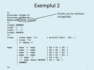 Exemplul 2
%{
#include <ctype.h>
                                                Double type for attributes
#include <stdio.h>                              and yylval
#define YYSTYPE double
%}
%token NUMBER
%left ‘+’ ‘-’
%left ‘*’ ‘/’
%right UMINUS
%%
lines   : lines expr ‘n’         { printf(“%gn”, $2); }
        | lines ‘n’
        | /* empty */
        ;
expr    : expr ‘+’ expr           {   $$   =   $1 + $3;   }
        | expr ‘-’ expr           {   $$   =   $1 - $3;   }
        | expr ‘*’ expr           {   $$   =   $1 * $3;   }
        | expr ‘/’ expr           {   $$   =   $1 / $3;   }
        | ‘(’ expr ‘)’            {   $$   =   $2; }
        | ‘-’ expr %prec UMINUS   {   $$   =   -$2; }
        | NUMBER
        ;
%%                                                                           23
 