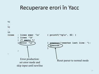 Recuperare erori în Yacc

%{
…
%}
…
%%
lines   :   lines expr ‘n’        { printf(“%gn”, $2; }
        |   lines ‘n’
        |   /* empty */
        |   error ‘n’             { yyerror(“reenter last line: ”);
                                     yyerrok;
                                   }
        ;
…

           Error production:
                                          Reset parser to normal mode
          set error mode and
        skip input until newline
                                                                        27
 