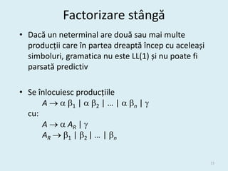 Factorizare stângă
• Dacă un neterminal are două sau mai multe
  producții care în partea dreaptă încep cu aceleași
  simboluri, gramatica nu este LL(1) și nu poate fi
  parsată predictiv

• Se înlocuiesc producțiile
      A    1 |  2 | … |  n | 
  cu:
      A   AR | 
      AR  1 | 2 | … | n


                                                       33
 