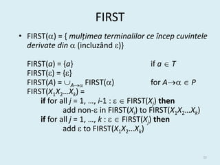 FIRST
• FIRST() = { mulțimea terminalilor ce încep cuvintele
  derivate din  (incluzând )}

  FIRST(a) = {a}                            if a  T
  FIRST() = {}
  FIRST(A) = A FIRST()                  for A  P
  FIRST(X1X2…Xk) =
      if for all j = 1, …, i-1 :   FIRST(Xj) then
              add non- in FIRST(Xi) to FIRST(X1X2…Xk)
      if for all j = 1, …, k :   FIRST(Xj) then
              add  to FIRST(X1X2…Xk)


                                                          35
 