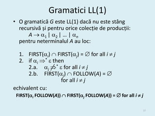 Gramatici LL(1)
• O gramatică G este LL(1) dacă nu este stâng
  recursivă și pentru orice colecție de producții:
      A  1 | 2 | … | n
  pentru neterminalul A au loc:

  1. FIRST(i)  FIRST(j) =  for all i  j
  2. if i *  then
      2.a. j *  for all i  j
      2.b. FIRST(j)  FOLLOW(A) = 
                   for all i  j
echivalent cu:
 FIRST(i FOLLOW(A))  FIRST(j FOLLOW(A)) =  for all i  j

                                                           37
 