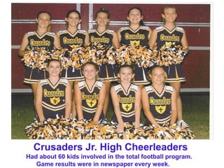 Crusaders Jr. High Cheerleaders
Had about 60 kids involved in the total football program.
Game results were in newspaper every week.
 