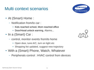 Samsung Open Source Group 9
Multi context scenarios
● At (Smart) Home :
– Notification from/to car :
● Kids reached school...