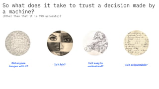 Is it fair?
Is it easy to
understand?
Is it accountable?
So what does it take to trust a decision made by
a machine?
(Other than that it is 99% accurate)?
Did anyone
tamper with it?
#21, #32, #93
#21, #32, #93
 