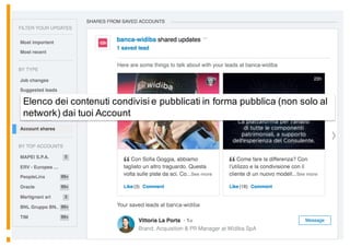 Account Shares
Elenco dei contenuti condivisi e pubblicati in forma pubblica (non solo al
network) dai tuoi Account
 