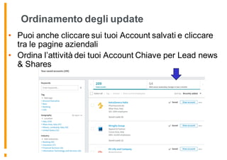 Ordinamento degli update
• Puoi anche cliccare sui tuoi Account salvati e cliccare
tra le pagine aziendali
• Ordina l’attività dei tuoi Account Chiave per Lead news
& Shares
 