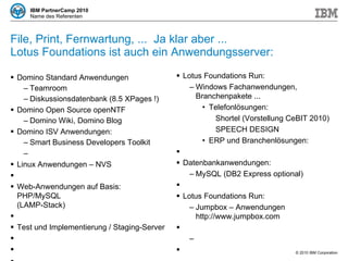 File, Print, Fernwartung, ...  Ja klar aber ... Lotus Foundations ist auch ein Anwendungsserver: Domino Standard Anwendungen Teamroom Diskussionsdatenbank (8.5 XPages !) Domino Open Source openNTF Domino Wiki, Domino Blog Domino ISV Anwendungen: Smart Business Developers Toolkit Linux Anwendungen – NVS Web-Anwendungen auf Basis: PHP/MySQL (LAMP-Stack) Test und Implementierung / Staging-Server Lotus Foundations Run: Windows Fachanwendungen, Branchenpakete ... Telefonlösungen: Shortel (Vorstellung CeBIT 2010) SPEECH DESIGN ERP und Branchenlösungen: Datenbankanwendungen:  MySQL (DB2 Express optional) Lotus Foundations Run: Jumpbox – Anwendungen  http://www.jumpbox.com 