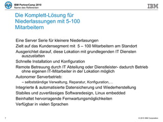 Die Komplett-Lösung für  Niederlassungen mit 5-100 Mitarbeitern Eine Server Serie für kleinere Niederlasungen  Zielt auf das Kundensegment mit  5 – 100 Mitarbeitern am Standort Ausgerichtet darauf, diese Lokation mit grundlegenden IT Diensten auszustatten  Schnelle Installation und Konfiguration Remote Betreuung durch IT Abteilung oder Dienstleister- dadurch Betrieb ohne eigenen IT-Mitarbeiter in der Lokation möglich Autonomer Serverbetrieb: selbstständige Verwaltung, Reparatur, Konfiguration,… Integrierte & automatisierte Datensicherung und Wiederherstellung Stabiles und zuverlässiges Softwaredesign, Linux embedded Beinhaltet hervorragende Fernwartungsmöglichkeiten  Verfügbar in vielen Sprachen 