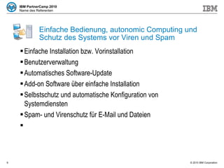 Einfache Bedienung, autonomic Computing und Schutz des Systems vor Viren und Spam Einfache Installation bzw. Vorinstallation Benutzerverwaltung Automatisches Software-Update Add-on Software über einfache Installation Selbstschutz und automatische Konfiguration von Systemdiensten Spam- und Virenschutz für E-Mail und Dateien 
