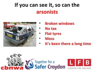 If you can see it, so can the
         arsonists
          •   Broken windows
          •   No tax
          •   Flat tyres
          •   Moss
          •   It’s been there a long time
 