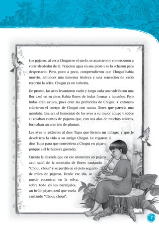 7
Los pájaros, al ver a Chogui en el suelo, se asustaron y comenzaron a
volar alrededor de él. Trajeron agua en sus picos y se la echaron para
despertarlo. Pero, poco a poco, comprendieron que Chogui había
muerto. Entonces una inmensa tristeza y una sensación de vacío
recorrió la selva. Chogui ya no volvería.
De pronto, las aves levantaron vuelo y luego cada una volvió con una
flor azul en su pico. Había flores de todas formas y tamaños. Pero
todas eran azules, pues eran las preferidas de Chogui. Y entonces
cubrieron el cuerpo de Chogui con tantas flores que parecía una
montaña. Ese era el homenaje de las aves a su mejor amigo y sobre
él volaban cientos de pájaros que, con sus alas de muchos colores,
formaban un arco iris de plumas.
Las aves le pidieron al dios Tupa que hiciera un milagro y que le
devolviera la vida a su amigo Chogui. Le rogaron al
dios Tupa para que convirtiera a Chogui en pájaro,
porque a él le hubiera gustado.
Cuenta la leyenda que en ese momento un pájaro
azul salió de la montaña de flores cantando
“Choui, choui” y se perdió en el cielo seguido
de miles de pájaros. Desde ese día, se
puede encontrar en la selva,
sobre todo en los naranjales,
un bello pájaro azul que vuela
cantando “Choui, choui”.
 