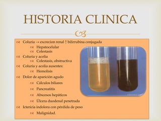  Coluria → excrecion renal ↑ bilirrubina conjugada
 Hepatocelular
 Colestasis
 Coluria y acolia
 Colestasis, obstructiva
 Coluria y acolia ausentes:
 Hemolisis
 Dolor de aparición agudo
 Cálculos biliares
 Pancreatitis
 Abscesos hepáticos
 Úlcera duodenal penetrada
 Ictericia indolora con pérdida de peso
 Malignidad.
HISTORIA CLINICA
 