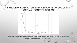FREQUENCY DEVIATION STEP RESPONSE OF LFC USING
OPTIMAL CONTROL DESIGN
WE SEE THAT THE TRANSIENT RESPONSE SETTLES TO A STEADY STATE OF -
0.0007 PU IN ABOUT 0.6SECONDS.
 