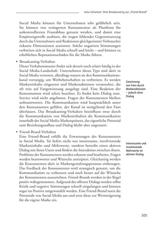 • Broadcasting-Verhalten
• Friend-Brand-Verhalten
305
Gewinnung
von Fans durch
Markenaktionen
– jedoch ohne
Dialog
Interessante und
involvierende
Mehrwerte im
aktiven Dialog
Julia Schamari: Vom Broadcasting zur „Friend-Brand”
Dieses Verhaltensmuster findet sich derzeit noch relativ häufig in der
Social Media-Landschaft. Unternehmen dieses Typs sind aktiv in
Social Media vertreten, allerdings nutzen sie den Kommunikations-
kanal vorrangig, um Werbebotschaften zu verbreiten. Es werden
Markeninhalte eingesetzt und Markenaktionen veranstaltet, die
oft rein auf Fangewinnung ausgelegt sind. Eine Reaktion der
Konsumenten wird selten beachtet. Es findet kein Dialog statt.
Service wird nicht angeboten. Fragen der Konsumenten bleiben
unbeantwortet. Die Kommunikation wird hauptsächlich unter
den Konsumenten geführt, der Kanal ist weitgehend den Fans
überlassen. Das Broadcasting-Verhalten beeinflusst zwar durch
die Kommunikation von Markeninhalten die Kommunikation
innerhalb der Social Media-Markenpräsenz, das eigentliche Potenzial
zum Beziehungsaufbau und Dialog bleibt aber ungenutzt.
Eine Friend-Brand erfüllt die Erwartungen der Konsumenten
in Social Media. Sie liefert nicht nur interessante, involvierende
Markeninhalte und Mehrwerte, sondern betreibt einen aktiven
Dialog mit ihren Usern und fördert die Interaktion zwischen ihnen.
Probleme der Konsumenten werden erkannt und bearbeitet, Fragen
werden beantwortet und Wünsche antizipiert. Gleichzeitig werden
die Konsumenten aktiv in Markengestaltungsprozesse einbezogen.
Das Feedback der Konsumenten wird strategisch genutzt, um die
Kommunikation zu verbessern und noch besser auf die Wünsche
der Konsumenten auszurichten. Friend-Brands werden in der Regel
positiv wahrgenommen. Aufgrund des offenen Dialogs werden selbst
Kritik und negative Stimmungen schnell eingefangen und können
sogar ins Positive umgewandelt werden. Eine Friend-Brand nutzt die
Potenziale von Social Media aus und setzt diese zur Wertsteigerung
für die eigene Marke ein.
Social Media können für Unternehmen sehr gefährlich sein.
Sie können von verärgerten Konsumenten als Plattform für
unkontrollierten Frustabbau genutzt werden, und damit eine
Empörungswelle auslösen, die wegen fehlender Gegensteuerung
durch das Unternehmen und Reaktionen gleichgesinnter Verbraucher
riskante Dimensionen annimmt. Solche negativen Stimmungen
verbreiten sich in Social Media schnell und leicht – und können zu
erheblichen Reputationsschäden für die Marke führen.
 