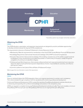 Chartered Professional in Human Resources (CPHR) Competency Framework / CPHR Canada / 1.17 4
Obtaining the CPHR
The CPHR education, examination, and experience requirements are designed to provide candidates opportunities
to develop and demonstrate the required CPHR competencies.
The requirements to become a Chartered Professional in Human Resources include:
	 • 
Membership: Meet the requirements for membership in their local CPHR Canada Member Provincial HR Association
	 • 
Knowledge Requirement: Demonstrate theoretical knowledge of the CPHR Functional Competencies
	 • 
Education Requirement: Demonstrate knowledge of the enabling competencies and the ability to apply functional
knowledge by using critical thinking and analytical processes in a wide variety of situations, usually through the
completion of a minimum of a Bachelor’s Degree.
	 • 
Professional Level Work Experience: Demonstrate professional level work experience practicing human resources,
where the depth of work performed required independence of action, responsibility for outcomes, and influence
with decision makers.
	 • Commit to adhere to the Code of Ethics  Rules of Professional Conduct
Refer to page 6 for more information on each of the requirements.
Maintaining the CPHR
Once an individual obtains the CPHR designation, there is an ongoing requirement to maintain one’s competency.
This is demonstrated through compliance with the standards set for continuing professional development.
Continuing Professional Development (CPD) involves the reporting of qualifying development activities that aid one
in advancing and expanding their professional knowledge and practice in the competency areas.
CPHRs are required to complete Continuing Professional Development activities annually. They must complete a minimum
20 qualifying CPD hours per year and 100 qualifying CPD hours on an ongoing three-year rolling basis.
* Equivalency options may not apply in all member associations.
Knowledge Education
Membership
Professional
HR Experience
 