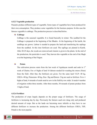 LFE Report - Spring, 2013
Venue: Proshika, Manikganj
By Md.Matiur Rahman
I n d e p e n d e n t U n i v e r s i t y , B a n g l a d e s h Page 53
4.12.3 Vegetable production
Peasants produce different types of vegetable. Some types of vegetables have been produced for
their own consumption. They produce some vegetables for the business purpose. In this case the
famous vegetable is cabbage. The production process is described below.
Cabbage
Cabbage is the seasonal vegetable. It is found basically in winter. The seedbed for the
Cabbage is prepared at the beginning of the Bhadro. At the beginning of the kartik, the
seedlings are grown. Labour is needed to prepare the land and transferring the saplings
from the seedbed. At this time fertilizers are used. The saplings are planted in Kartik.
After 20-25 days, the weeds are removed and vitamin is given to the plants. In the mid of
the production, the pesticides is used. They harvest this vegetable at the end of the Magh
or at the beginning of the Falgun.
Potato
The cultivation process starts from the last week of Agrahayan month and ends in 1st
week of Chaitra. For a 4 bigha of land 16 labours needed for weeding the straws (Nara)
from the field. After that, the fertilizers are given. For the same land T.S.P- 40 kg,
UREA- 40 kg, Potassium- 40 kg, Zinc- 2kg and Boron- 2 kg are used as fertilizer. For a 1
bigha of land, 4 mounds of seeds need to sow in the field by row order. It needs 4 number
of irrigation within three months. After three months, 50 mounds of potato produce from
1 bigha of land.
4.12.4 Fertilizer
The production of crops largely depends on the proper usage of fertilizers. The usage of
fertilizers is increasing day by day. Previously the farmers used cow dung only and produced
desired amount of crops. But as the lands are becoming more infertile so they have to use
different fertilizers to increase the production. Among the different fertilizers UREA, TSP,
Potash is the most popular.
 