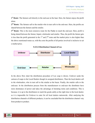 LFE Report - Spring, 2013
Venue: Proshika, Manikganj
By Md.Matiur Rahman
I n d e p e n d e n t U n i v e r s i t y , B a n g l a d e s h Page 73
1st
Route: The farmers sell directly to the end-user at the haat. Here, the farmer enjoys the profit
alone.
2nd
Route: The farmers sell to the retailer who in turn sells to the end-user. Here, the profits are
shared between the farmers and the retailer.
3rd
Route: This is the most extensive route for the Paddy to reach the end-user. Here, profit is
being shared between the farmer, bepari, wholesaler and retailer. Thus, the profit the farmer gets
is less than the profit generated in the 1st
and 2nd
route and the market price is also higher than
the above mentioned routes as, with the costs the profits of all parties involved is inclusive to set
a market price.
5.113.2 Distribution Channel of Lux
In the above flow chart the distribution procedure of Lux soap is shown. Unilever sends the
cartoon of soaps to the Local Dealers though its assigned distributors. Then the local dealers sell
to the wholesalers, who in turn sell to the retailer at the bazar. Finally, the retailer sells to the
end-user. In the distribution process from the manufacturers to end-user the distributor have
more dominance of power and takes the advantage of dictating terms and conditions. This is
because; it is up to the distributors to reach the goods safely at the right time to the local dealer;
as it is impossible for Unilever to cater for all local dealers nationwide. After analyzing the
distribution channels of different products, it can be concluded that the distribution channel vary
from product to product.
Unilever Distributor Local Dealer
End-User Retailer Wholesaler
 