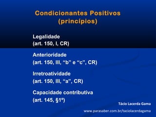 Condicionantes Positivos
(princípios)
Legalidade
(art. 150, I, CR)
Anterioridade
(art. 150, III, “b” e “c”, CR)
Irretroatividade
(art. 150, III, “a”, CR)
Capacidade contributiva
(art. 145, §1º)
Tácio Lacerda Gama
www.parasaber.com.br/taciolacerdagama
 