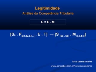 Legitimidade
Análise da Competência Tributária
Tácio Lacerda Gama
www.parasaber.com.br/taciolacerdagama
C = E . M
[Sc . P(p1.p2.p3...) . E . T] → [S (Sa . Sp) . M (s.e.t.c)]
 