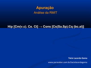 Apuração
Análise da RMIT
Tácio Lacerda Gama
www.parasaber.com.br/taciolacerdagama
Hip [Cm(v.c). Ce. Ct] → Cons [Cs(Sa.Sp).Cq (bc.al)]
 
