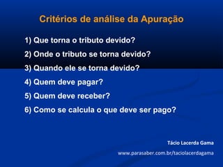 Critérios de análise da Apuração
1) Que torna o tributo devido?
2) Onde o tributo se torna devido?
3) Quando ele se torna devido?
4) Quem deve pagar?
5) Quem deve receber?
6) Como se calcula o que deve ser pago?
Tácio Lacerda Gama
www.parasaber.com.br/taciolacerdagama
 