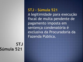 STJ - Súmula 521
A legitimidade para execução
fiscal de multa pendente de
pagamento imposta em
sentença condenatória é
exclusiva da Procuradoria da
Fazenda Pública.
STJ
Súmula 521
 