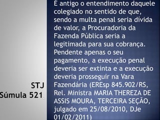 É antigo o entendimento daquele
colegiado no sentido de que,
sendo a multa penal seria dívida
de valor, a Procuradoria da
Fazenda Pública seria a
legitimada para sua cobrança.
Pendente apenas o seu
pagamento, a execução penal
deveria ser extinta e a execução
deveria prosseguir na Vara
Fazendária (EREsp 845.902/RS,
Rel. Ministra MARIA THEREZA DE
ASSIS MOURA, TERCEIRA SEÇÃO,
julgado em 25/08/2010, DJe
01/02/2011)
STJ
Súmula 521
 