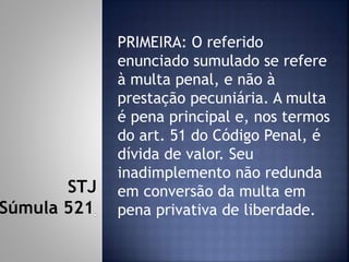 PRIMEIRA: O referido
enunciado sumulado se refere
à multa penal, e não à
prestação pecuniária. A multa
é pena principal e, nos termos
do art. 51 do Código Penal, é
dívida de valor. Seu
inadimplemento não redunda
em conversão da multa em
pena privativa de liberdade.
STJ
Súmula 521
 