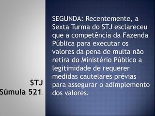 SEGUNDA: Recentemente, a
Sexta Turma do STJ esclareceu
que a competência da Fazenda
Pública para executar os
valores da pena de multa não
retira do Ministério Público a
legitimidade de requerer
medidas cautelares prévias
para assegurar o adimplemento
dos valores.
STJ
Súmula 521
 