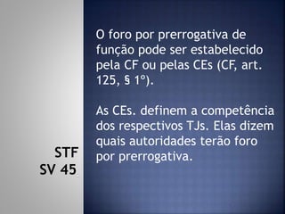 O foro por prerrogativa de
função pode ser estabelecido
pela CF ou pelas CEs (CF, art.
125, § 1º).
As CEs. definem a competência
dos respectivos TJs. Elas dizem
quais autoridades terão foro
por prerrogativa.STF
SV 45
 