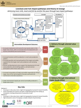 http://livestockfish.cgiar.org
Livestock and Fish impact pathways and theory of change
Achieving more milk, meat and fish by and for the poor through two impact pathways:
1. Delivery through selected value
chains
2. Delivery through International
Public Goods (IPGs)
Pathway 1:
• Focusing on a few value chains might limit geographical spread of research benefits.
• Social inequalities bar women and other marginalized groups from taking up
innovations, limiting achievement of outcomes at scale
Pathway 2:
• Focusing on a few value chains might limit geographical spread of research benefits.
• High transaction costs of managing a complex network of partnerships.
Key risks
Intermediate Development Outcomes
This document is licensed for use under a Creative Commons Attribution-Noncommercial-Share Alike 3.0 Unported Licence October 2013
 