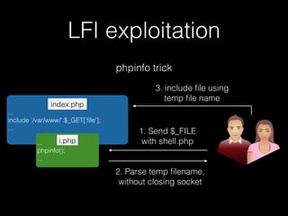 LFI exploitation
phpinfo trick
...
include '/var/www/'.$_GET['ﬁle'];
...
index.php
...
phpinfo();
...
i.php
1. Send $_FILE
with shell.php
2. Parse temp ﬁlename,
without closing socket
3. include ﬁle using
temp ﬁle name
 