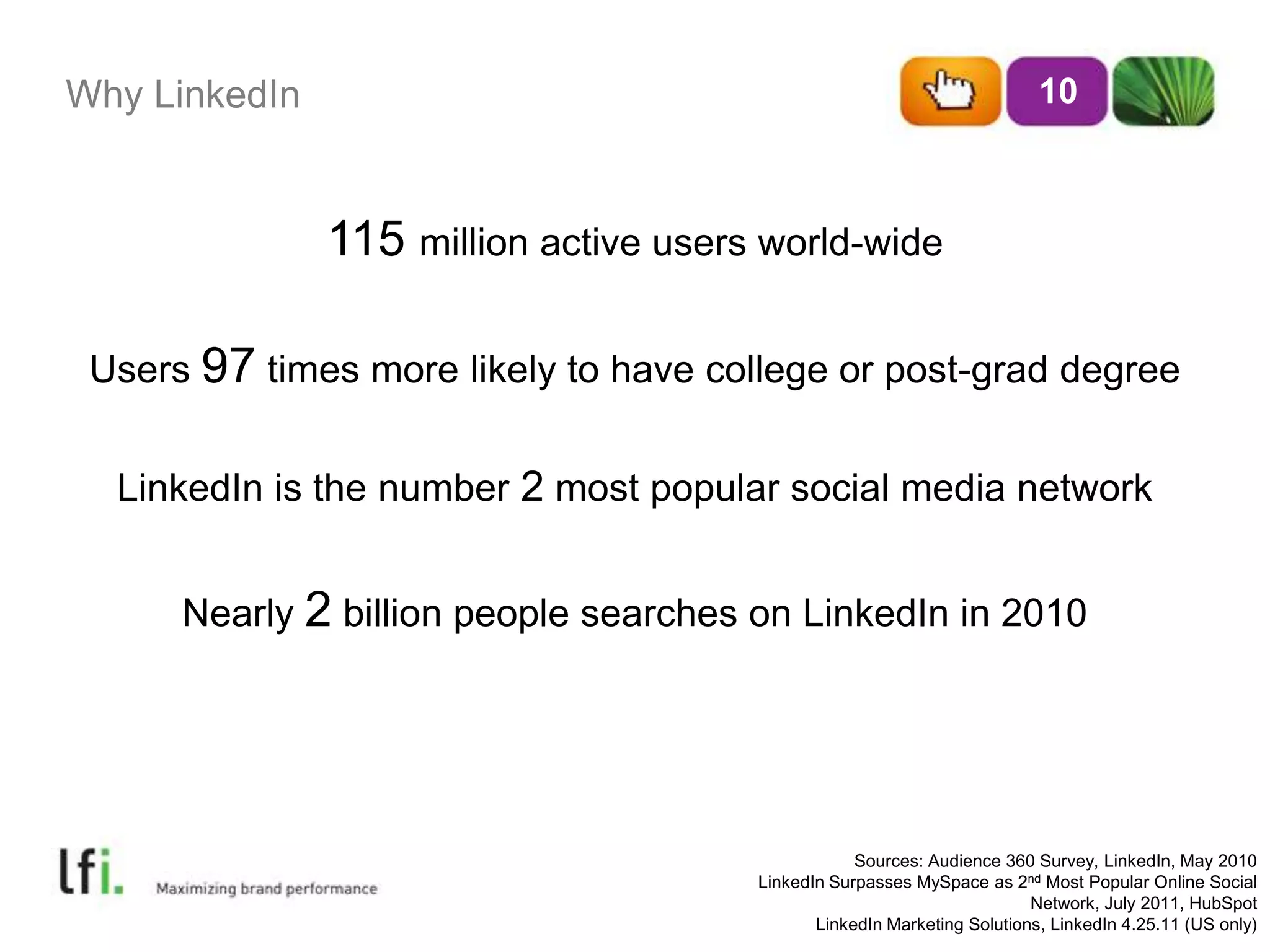 Why LinkedIn115 million active users world-wideUsers 97 times more likely to have college or post-grad degreeLinkedIn is the number2 most popular social media networkNearly 2 billion people searches on LinkedIn in 201010Sources: Audience 360 Survey, LinkedIn, May 2010LinkedIn Surpasses MySpace as 2nd Most Popular Online Social Network, July 2011, HubSpotLinkedIn Marketing Solutions, LinkedIn 4.25.11 (US only)