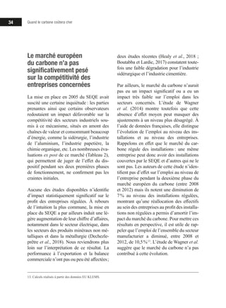 34 Quand le carbone coûtera cher
Le marché européen
du carbone n’a pas
significativement pesé
sur la compétitivité des
entreprises concernées
La mise en place en 2005 du SEQE avait
suscité une certaine inquiétude : les parties
prenantes ainsi que certains observateurs
redoutaient un impact défavorable sur la
compétitivité des secteurs industriels sou-
mis à ce mécanisme, situés en amont des
chaînes de valeur et consommant beaucoup
d’énergie, comme la sidérurgie, l’industrie
de l’aluminium, l’industrie papetière, la
chimie organique, etc. Les nombreuses éva-
luations ex post de ce marché (Tableau 2),
qui permettent de juger de l’effet du dis-
positif pendant ses deux premières phases
de fonctionnement, ne confirment pas les
craintes initiales.
Aucune des études disponibles n’identifie
d’impact statistiquement significatif sur le
profit des entreprises régulées. À rebours
de l’intuition la plus commune, la mise en
place du SEQE a par ailleurs induit une lé-
gère augmentation de leur chiffre d’affaires,
notamment dans le secteur électrique, dans
les secteurs des produits minéraux non mé-
talliques et dans la métallurgie (Dechezle-
prêtre et al., 2018). Nous reviendrons plus
loin sur l’interprétation de ce résultat. La
performance à l’exportation et la balance
commerciale n’ont pas ou peu été affectées ;
13. Calculs réalisés à partir des données EU KLEMS.
deux études récentes (Healy et al., 2018 ;
Boutabba et Lardic, 2017) constatent toute-
fois une faible dégradation pour l’industrie
sidérurgique et l’industrie cimentière.
Par ailleurs, le marché du carbone n’aurait
pas eu un impact significatif ou a eu un
impact très faible sur l’emploi dans les
secteurs concernés. L’étude de Wagner
et al. (2014) montre toutefois que cette
absence d’effet moyen peut masquer des
ajustements à un niveau plus désagrégé. À
l’aide de données françaises, elle distingue
l’évolution de l’emploi au niveau des ins-
tallations et au niveau des entreprises.
Rappelons en effet que le marché du car-
bone régule des installations : une même
entreprise peut donc avoir des installations
couvertes par le SEQE et d’autres qui ne le
sont pas. Les auteurs de cette étude n’iden-
tifient pas d’effet sur l’emploi au niveau de
l’entreprise pendant la deuxième phase du
marché européen du carbone (entre 2008
et 2012) mais ils notent une diminution de
7 % au niveau des installations régulées,
montrant qu’une réallocation des effectifs
au sein des entreprises au profit des installa-
tions non régulées a permis d’amortir l’im-
pact du marché du carbone. Pour mettre ces
résultats en perspective, il est utile de rap-
peler que l’emploi de l’ensemble du secteur
manufacturier a diminué, entre 2008 et
2012, de 10,5 % 13
. L’étude de Wagner et al.
suggère que le marché du carbone n’a pas
contribué à cette évolution.
 