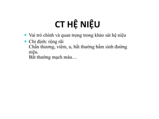 CT	HỆ	NIỆU
— Vai trò chính và quan trọng trong khảo sát hệ niệu
— Chỉ định: rộng rãi
Chấn thương, viêm, u, bất thường bẩm sinh đường
niệu.
Bất thường mạch máu…
 