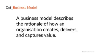 Def_Business  Model
A  business  model  describes  
the  raFonale  of  how  an  
organisaFon  creates,  delivers,  
and  captures  value.
Source: Business Model Generation
 