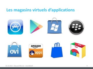 Les magasins virtuels d’applications




02.10.2012 - Édouard Mercier - Smart&Soft   4
 