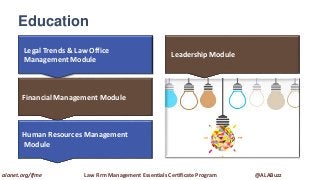 Education
Legal Trends & Law Office
Management Module
Leadership Module
Financial Management Module
Human Resources Management
Module
alanet.org/lfme Law Firm Management Essentials Certificate Program @ALABuzz
 