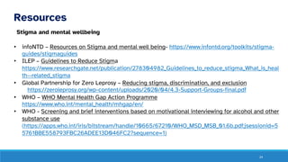 24
Resources
Stigma and mental wellbeing
• infoNTD – Resources on Stigma and mental well being- https://www.infontd.org/toolkits/stigma-
guides/stigmaguides
• ILEP – Guidelines to Reduce Stigma
https://www.researchgate.net/publication/278304982_Guidelines_to_reduce_stigma_What_is_heal
th--related_stigma
• Global Partnership for Zero Leprosy – Reducing stigma, discrimination, and exclusion
https://zeroleprosy.org/wp-content/uploads/2020/04/4.3-Support-Groups-final.pdf
• WHO – WHO Mental Health Gap Action Programme
https://www.who.int/mental_health/mhgap/en/
• WHO - Screening and brief interventions based on motivational interviewing for alcohol and other
substance use
(https://apps.who.int/iris/bitstream/handle/10665/67210/WHO_MSD_MSB_01.6b.pdf;jsessionid=5
5761BBE558793FBC26ADEE13D046FC2?sequence=1)
 