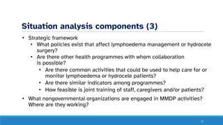 Situation analysis components (3)
• Strategic framework
• What policies exist that affect lymphoedema management or hydrocele
surgery?
• Are there other health programmes with whom collaboration
is possible?
• Are there common activities that could be used to help care for or
monitor lymphoedema or hydrocele patients?
• Are there similar indicators among programmes?
• How feasible is joint training of staff, caregivers and/or patients?
• What nongovernmental organizations are engaged in MMDP activities?
Where are they working?
11
 