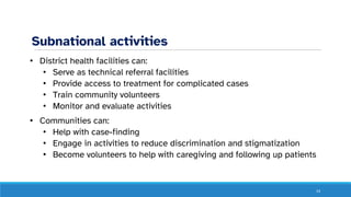 Subnational activities
• District health facilities can:
• Serve as technical referral facilities
• Provide access to treatment for complicated cases
• Train community volunteers
• Monitor and evaluate activities
• Communities can:
• Help with case-finding
• Engage in activities to reduce discrimination and stigmatization
• Become volunteers to help with caregiving and following up patients
14
 