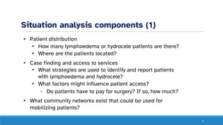 Situation analysis components (1)
• Patient distribution
• How many lymphoedema or hydrocele patients are there?
• Where are the patients located?
• Case finding and access to services
• What strategies are used to identify and report patients
with lymphoedema and hydrocele?
• What factors might influence patient access?
◦ Do patients have to pay for surgery? If so, how much?
• What community networks exist that could be used for
mobilizing patients?
9
 