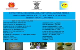 DISTRICT PUBLIC HEALTH LABORATORY (DPHL) , KAMRUP (METRO)
INTRIGRATED DISEASE SURVEILLANCE PROGRAMME (IDSP)
DISTRICT HOSPITAL SONAPUR
LIST OF THE TESTS AVAILABLE
1.BLOOD CULTURE & SENSITIVITY
2.STOOL CULTURE & SENSITIVITY
3.THROAT SWAB CULTURE & SENSITIVITY
4.SPUTUM CULTURE & SENSITIVITY
5.PUS CULTURE & SENSITIVITY
6.URINE CULTURE & SENSITIVITY
7.GRAM STAIN
8.ALBERT STAIN (SPECIAL STAIN FOR DIPTHERIA)
9.JE MAC ELISA
10.DENGUE NS1 ELISA
11.DENGUE IgM ELISA
12.CHIKUNGUNYA IgM ELISA
13. SCRUB TYPHUS IgM ELISA
14. LEPTOSPIROSIS IgM ELISA
15.VZV (CHICKENPOX) IgM ELISA
16. TYPHIDOT/WIDAL TEST
17.VIRAL HEPATITIS A IgM ELISA
18.VIRAL HEPATITIS E IgM ELISA
19. HBV & HCV RAPID TEST
20.ASO/RA/CRP
21.PBS MP/RAPID
22.MPN/H2S TEST
 