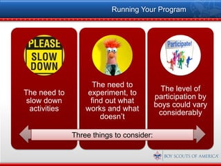 Running Your Program




                     The need to
                                             The level of
The need to        experiment, to
                                           participation by
 slow down          find out what
                                           boys could vary
  activities       works and what
                                            considerably
                       doesn’t

               Three things to consider:
 