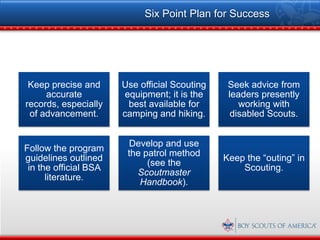 Six Point Plan for Success




 Keep precise and      Use official Scouting    Seek advice from
     accurate           equipment; it is the    leaders presently
records, especially      best available for        working with
 of advancement.       camping and hiking.       disabled Scouts.


                        Develop and use
Follow the program
                        the patrol method
guidelines outlined                            Keep the “outing” in
                             (see the
 in the official BSA                               Scouting.
                          Scoutmaster
      literature.
                           Handbook).
 