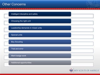 Other Concerns

     Intelligent discipline and safety


     Choosing the right unit


     Leadership demands in mixed units


     Special units


     Boy Scouting


     Trial and error


     Merit badge work


     Additional opportunities
 