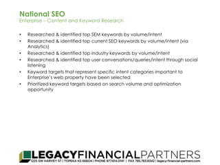 National SEO 
Enterprise – Content and Keyword Research 
• Researched & identified top SEM keywords by volume/intent 
• Researched & identified top current SEO keywords by volume/intent (via 
Analytics) 
• Researched & identified top industry keywords by volume/intent 
• Researched & identified top user conversations/queries/intent through social 
listening 
• Keyword targets that represent specific intent categories important to 
Enterprise’s web property have been selected 
• Prioritized keyword targets based on search volume and optimization 
opportunity 
 