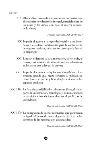 Capítulo II
XIX. Obstaculizar las condiciones mínimas necesarias para
el crecimiento y desarrollo integral, especialmente de
las niñas y los niños, con base al interés superior
de la niñez;
Fracción reformada DOF 20-03-2014
XX. Impedir el acceso a la seguridad social y a sus bene-
fcios o establecer limitaciones para la contratación
de seguros médicos, salvo en los casos que la ley así
lo disponga;
XXI. Limitar el derecho a la alimentación, la vivienda, el
recreo y los servicios de atención médica adecuados,
en los casos que la ley así lo prevea;
XXII. Impedir el acceso a cualquier servicio público o ins-
titución privada que preste servicios al público, así
como limitar el acceso y libre desplazamiento en los
espacios públicos;
XXII. Bis. La falta de accesibilidad en el entorno físico,el trans-
porte, la información, tecnología y comunicaciones,
en servicios e instalaciones abiertos al público o de
uso público;
Fracción adicionada DOF 20-03-2014
XXII.Ter. La denegación de ajustes razonables que garanticen,
en igualdad de condiciones, el goce o ejercicio de los
derechos de las personas con discapacidad;
Fracción adicionada DOF 20-03-2014
32
 