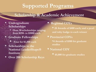 Supported Programs Undergraduate Scholarships Over 30 scholarships ranging from $250- to $5000 each Graduate Fellowships Four for $1,500 each Scholarships to the National LeaderShape® Institute Over 200 Scholarship Keys Scholarship & Academic Achievement Regional COYs 28 Awards of $400 each; and a pearl and ruby badge to each winner   Provincial COYs 4 Awards of $500 for graduate  studies National COY $5,000 for graduate studies 